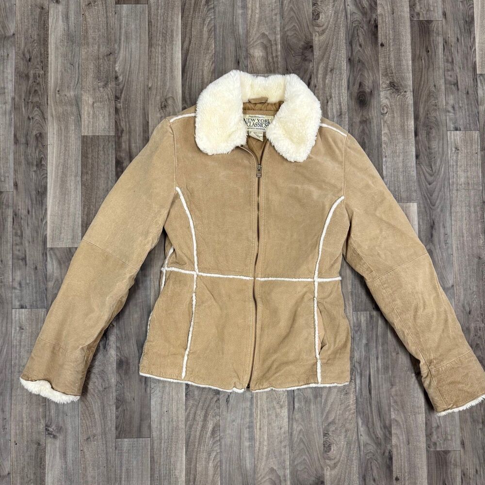 Vintage New York Classics leather fur Borg collared jacket coat